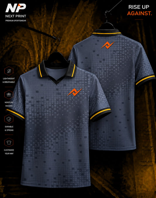 NextPrint grey and yellow pixel matrix sublimation polo jersey front and back view with premium sportswear design