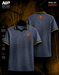 NextPrint grey and yellow pixel matrix sublimation polo jersey front and back view with premium sportswear design