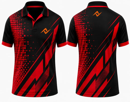 Red and black premium sublimation polo jersey front and back with pixel graphic design for custom sports team uniforms.
