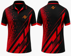 Red and black premium sublimation polo jersey front and back with pixel graphic design for custom sports team uniforms.