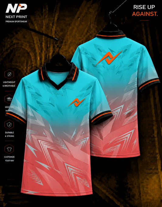 Front and back view of Next Print premium aqua and coral geometric sublimation polo sports jersey with customizable logo placement.