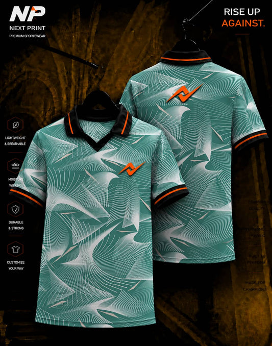 Premium aqua green abstract wave sublimation polo sports jersey with front and back views by Next Print.