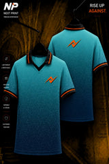 Premium teal gradient geometric polo sports jersey with front and back views, custom sublimation sportswear by Next Print.