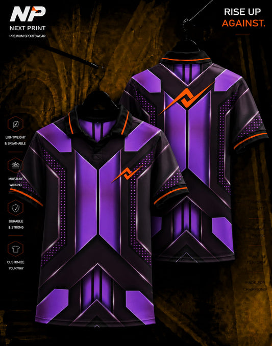 Front and back view of a black and purple futuristic performance polo jersey with premium sublimation design by NextPrint.
