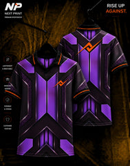 Front and back view of a black and purple futuristic performance polo jersey with premium sublimation design by NextPrint.