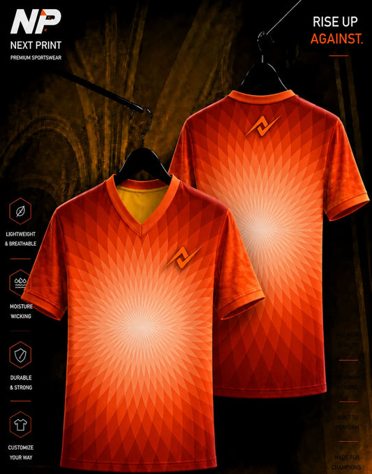 Next Print Radiant Burst Orange Premium Sublimation Sports Jersey Front and Back Mockup