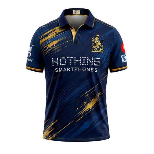NextPrint RCB Navy Blue Gold Brush Cricket Jersey – Premium Player Version Sports T-Shirt