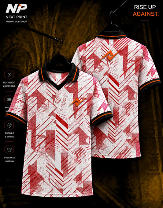 NextPrint premium red geometric abstract polo sports jersey front and back mockup with custom logo