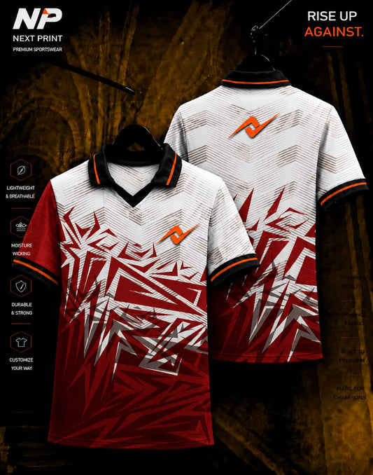 NextPrint premium red and white abstract sublimation polo jersey front and back mockup with custom logo