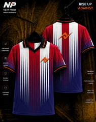 Red white and navy blue striped custom polo jersey front and back mockup with Next Print logo and premium sublimation sportswear design.