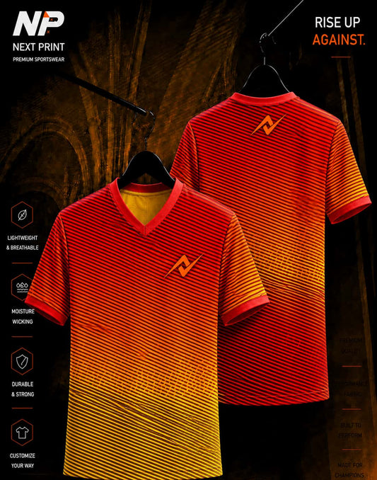 Next Print premium red yellow gradient V-neck sublimation esports jersey front and back mockup with performance sportswear design.