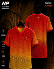 Next Print premium red yellow gradient V-neck sublimation esports jersey front and back mockup with performance sportswear design.