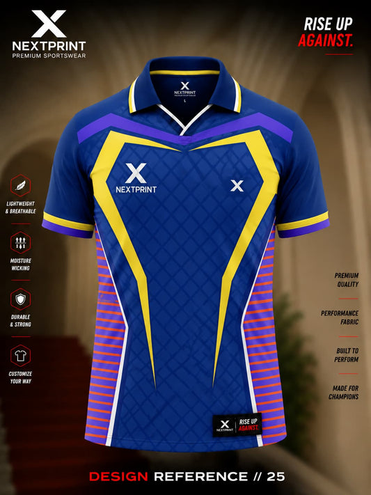 NextPrint Royal Apex polo cricket jersey featuring royal blue fabric with gold and purple geometric accents on premium dry-fit performance material.