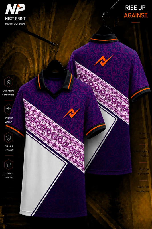 Next Print royal indigo paisley premium sublimation polo jersey with diagonal heritage stripe, V-neck polo collar, and custom logo shown in front and back mockup.