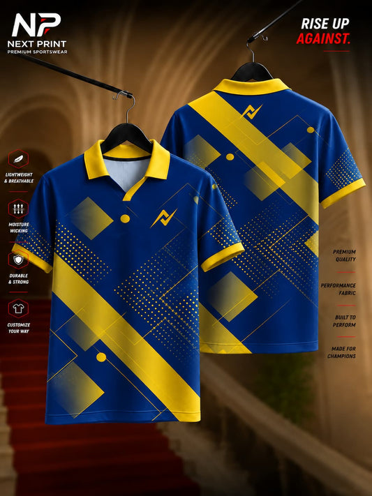 Royal blue and gold geometric performance polo sports jersey with front and back views, featuring a modern dry-fit athletic design by NextPrint.