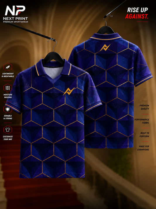 NextPrint Royal Prism navy blue geometric polo collar V-neck cricket jersey with gold accents made from premium dry-fit fabric.