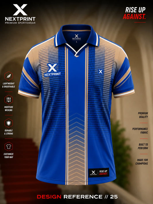NextPrint Royal Velocity polo cricket jersey in royal blue and gold featuring modern vertical gradient stripes with premium dry-fit sports fabric.