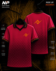 Next Print premium ruby red geometric performance polo jersey front and back mockup with custom logo