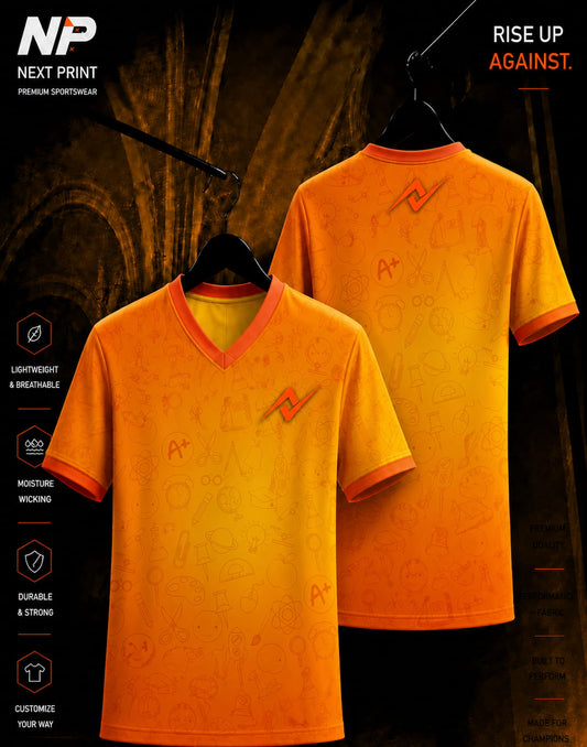 NextPrint premium orange school icons V-neck sublimation sports jersey with front and back mockup.