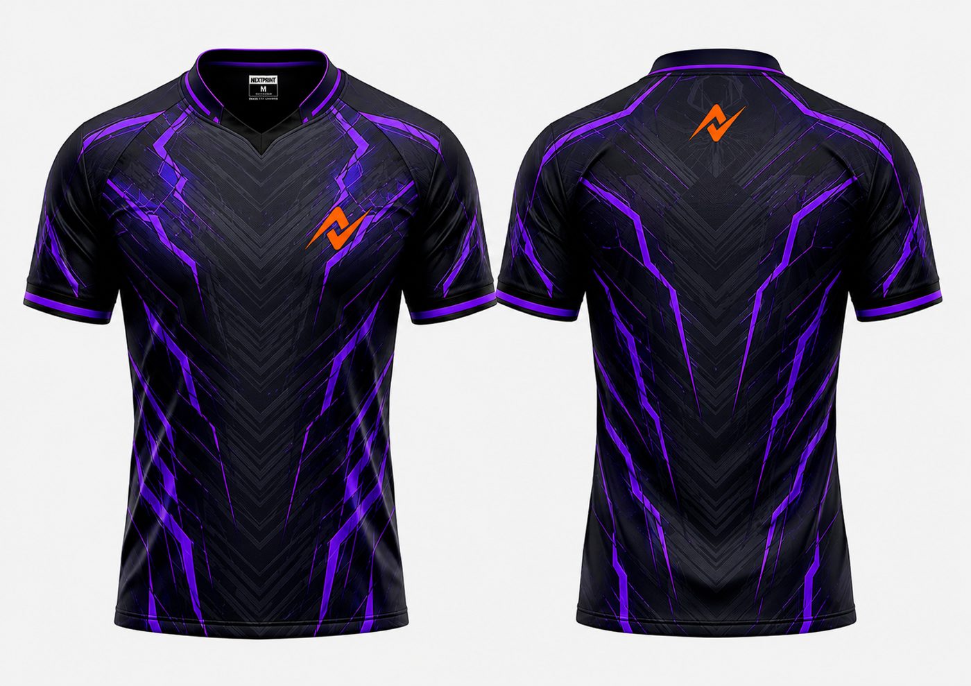Front and back view of the NextPrint Shadow Pulse black and purple esports jersey featuring an orange chest logo and upper back neck logo with futuristic lightning patterns.