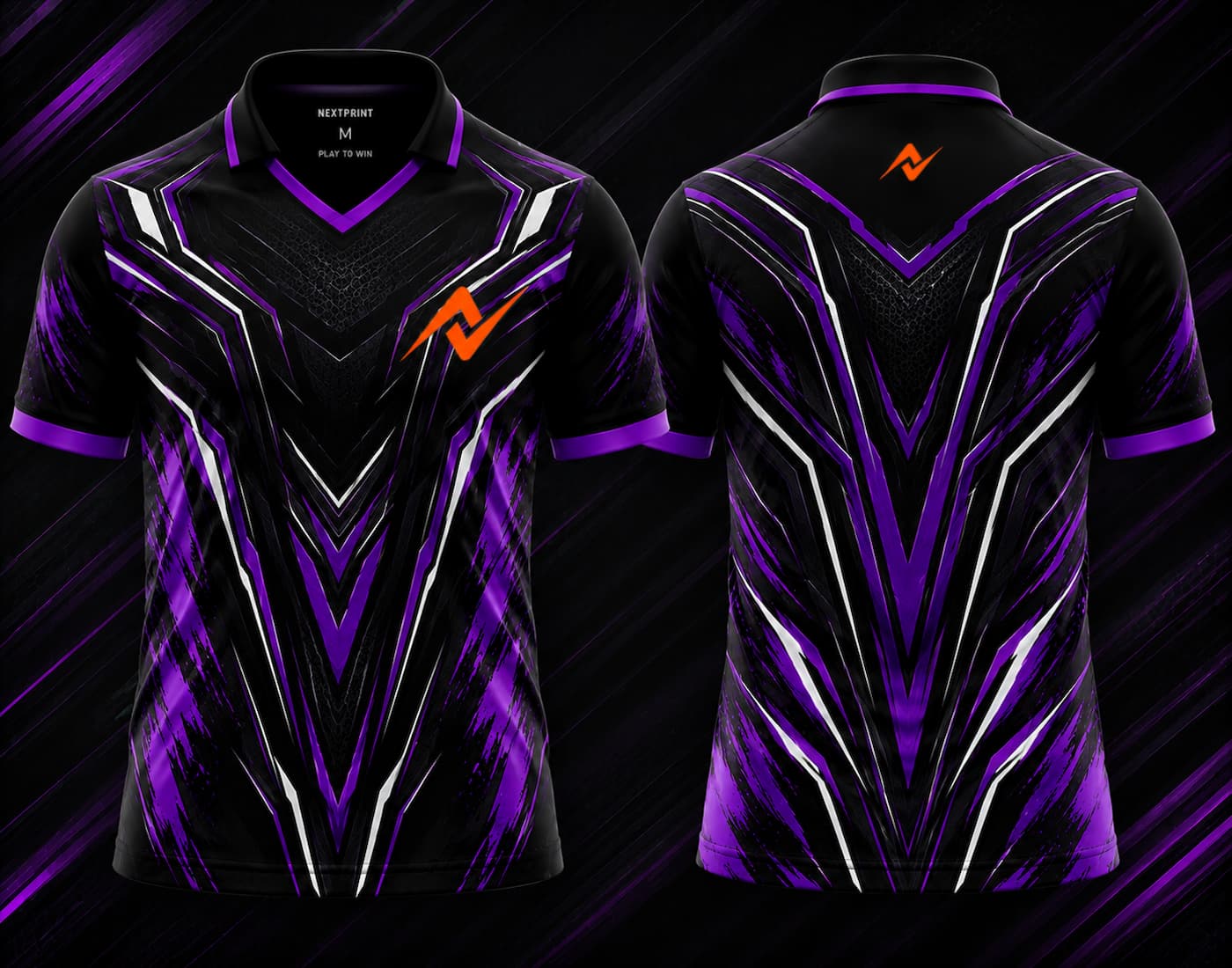Front and back view of the NextPrint Shadow Pulse esports jersey featuring black, purple, and silver futuristic graphics with orange logo placement on the chest and upper back below the collar.