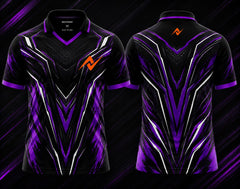 Front and back view of the NextPrint Shadow Pulse esports jersey featuring black, purple, and silver futuristic graphics with orange logo placement on the chest and upper back below the collar.