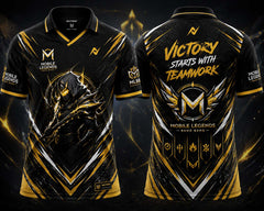 Front and back view of the NextPrint Shadow Reaper Mobile Legends jersey featuring black, gold, and silver esports graphics with warrior-themed artwork and premium gaming styling.