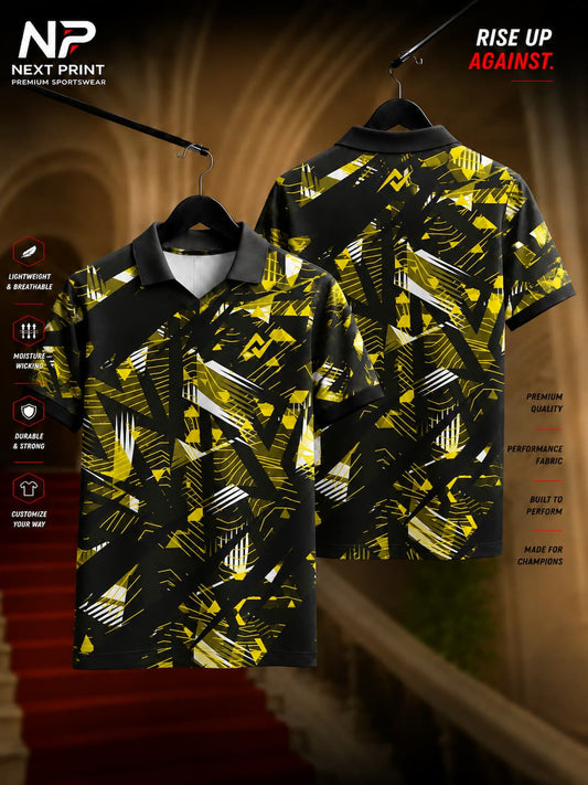 Black and yellow abstract geometric dry-fit polo sports jersey with front and back views featuring a modern performance design by NextPrint.
