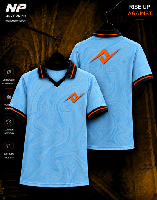 NextPrint Sky Blue Marble Performance Polo Jersey front and back view with premium sublimation marble pattern and orange logo.