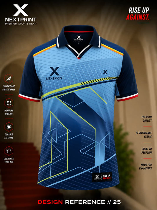 NextPrint Skyline Matrix polo cricket jersey featuring navy blue and sky blue geometric graphics with neon accent lines on premium dry-fit fabric.