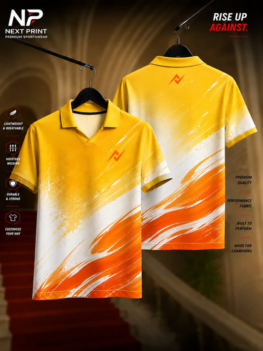 Yellow and orange abstract gradient polo sports jersey with white brush-stroke design, front and back view by NextPrint.