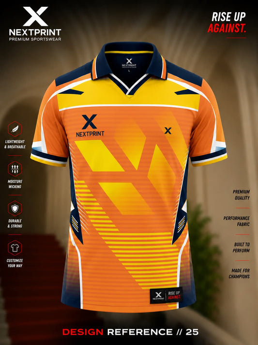 NextPrint Solar Blaze polo cricket jersey featuring vibrant orange and yellow geometric graphics with navy blue accents and premium dry-fit sports fabric.