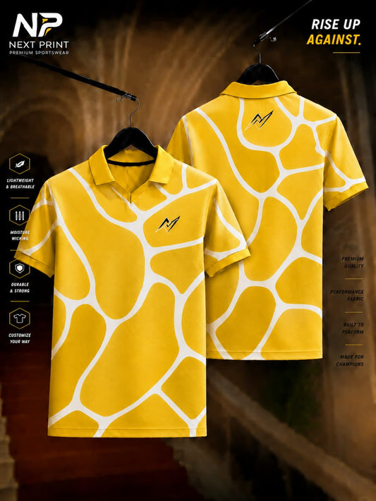 Yellow and white custom performance polo sports jersey featuring an abstract organic grid pattern with front and back views.
