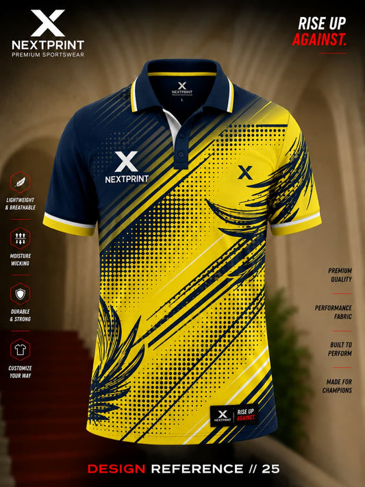 NextPrint Solar Impact polo cricket jersey featuring a bright yellow base with navy brushstroke graphics, halftone pattern, and premium polo collar.