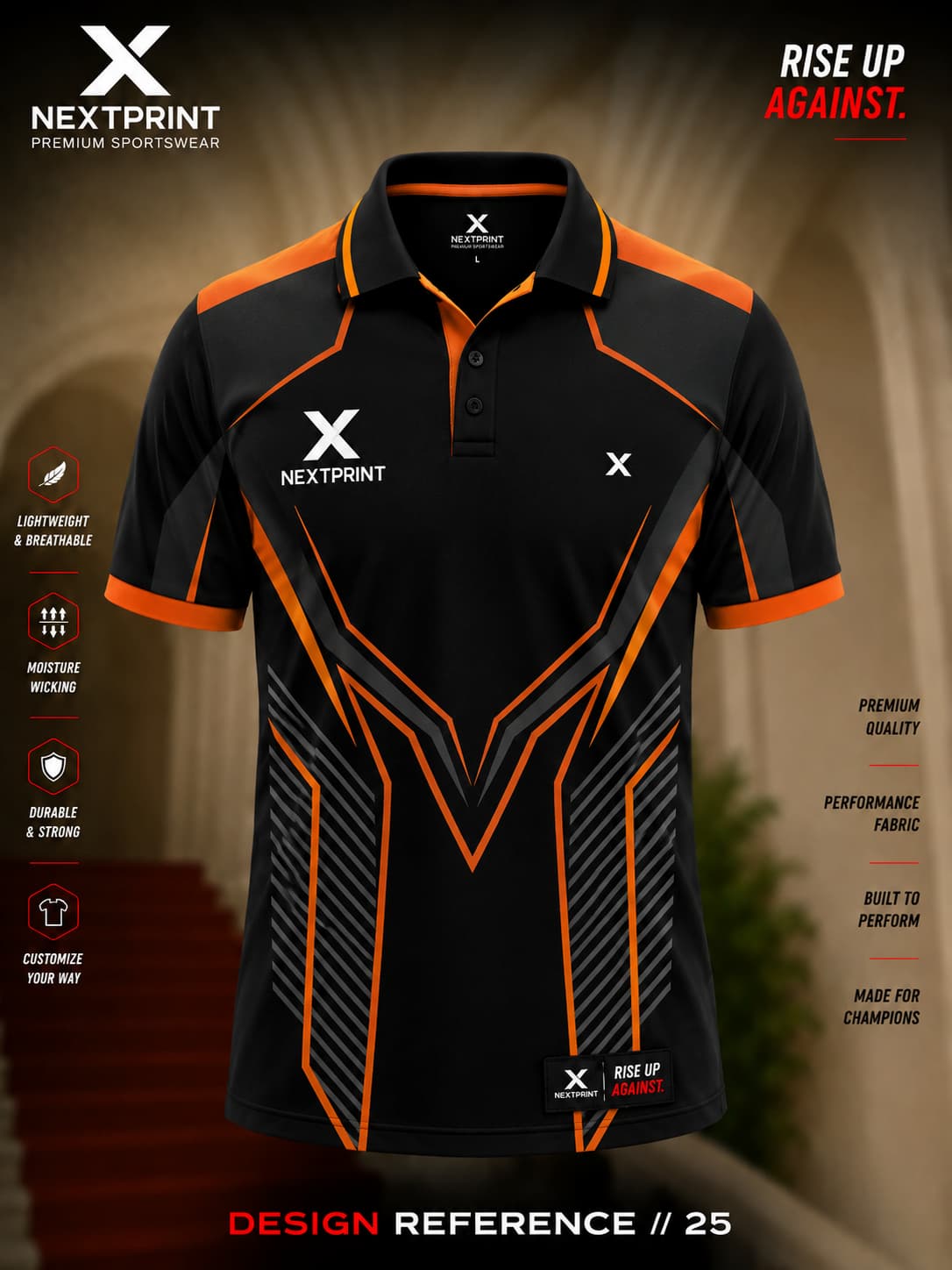 NextPrint Stealth Force black and orange polo cricket jersey with angular geometric graphics and premium dry-fit performance fabric.