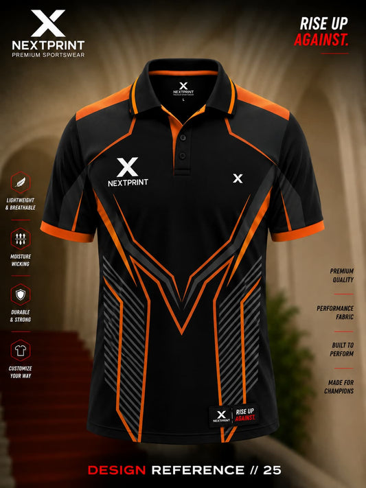 NextPrint Stealth Force black and orange polo cricket jersey with angular geometric graphics and premium dry-fit performance fabric.