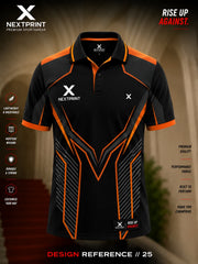 NextPrint Stealth Force black and orange polo cricket jersey with angular geometric graphics and premium dry-fit performance fabric.
