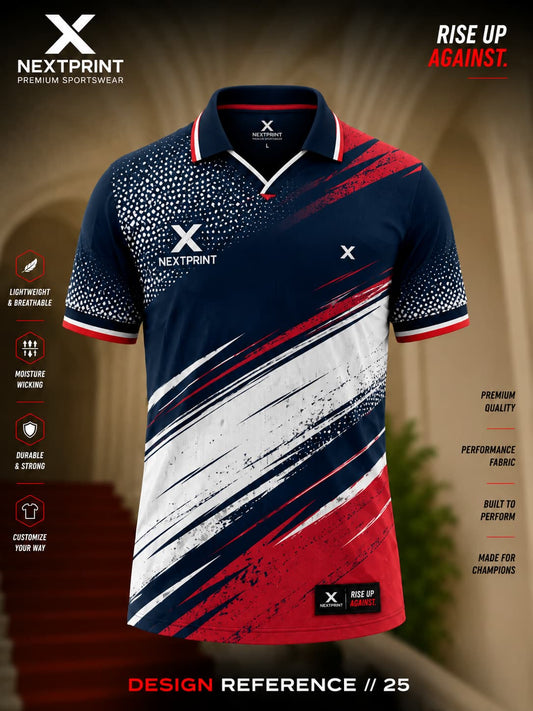 NextPrint Storm Slash polo cricket jersey featuring navy blue, white brush-stroke graphics, and red accents with premium dry-fit performance fabric.