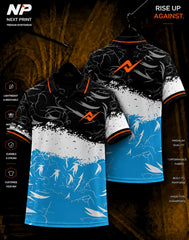 Next Print Storm Splash custom polo sports jersey featuring black, white and blue abstract design with front and back views