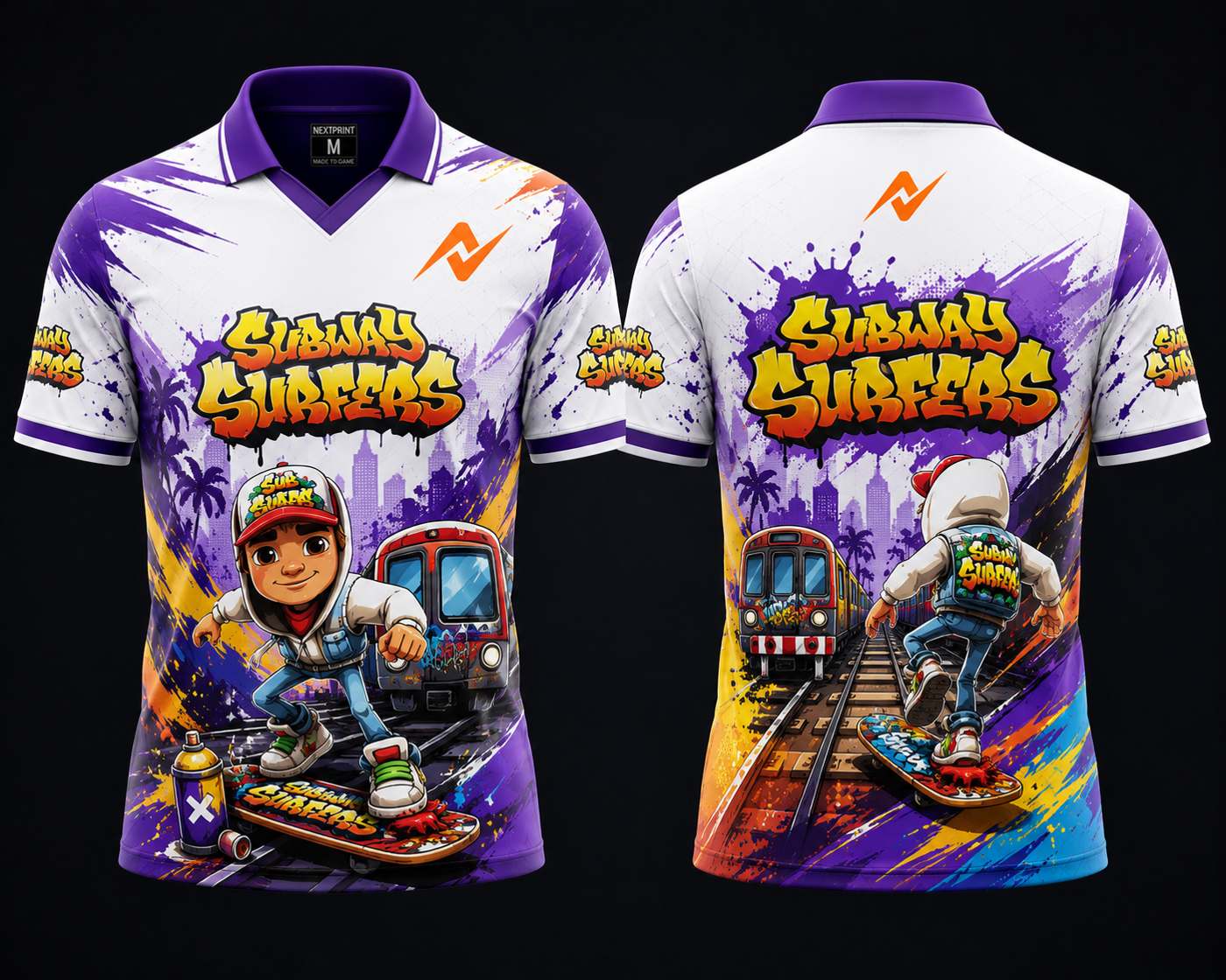 Front and back view of the NextPrint Subway Surfers Edition gaming jersey featuring colorful graffiti artwork, urban street-style graphics, and a premium polo collar design.