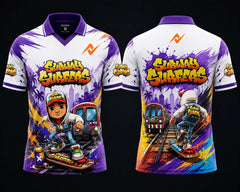 Front and back view of the NextPrint Subway Surfers Edition gaming jersey featuring colorful graffiti artwork, urban street-style graphics, and a premium polo collar design.