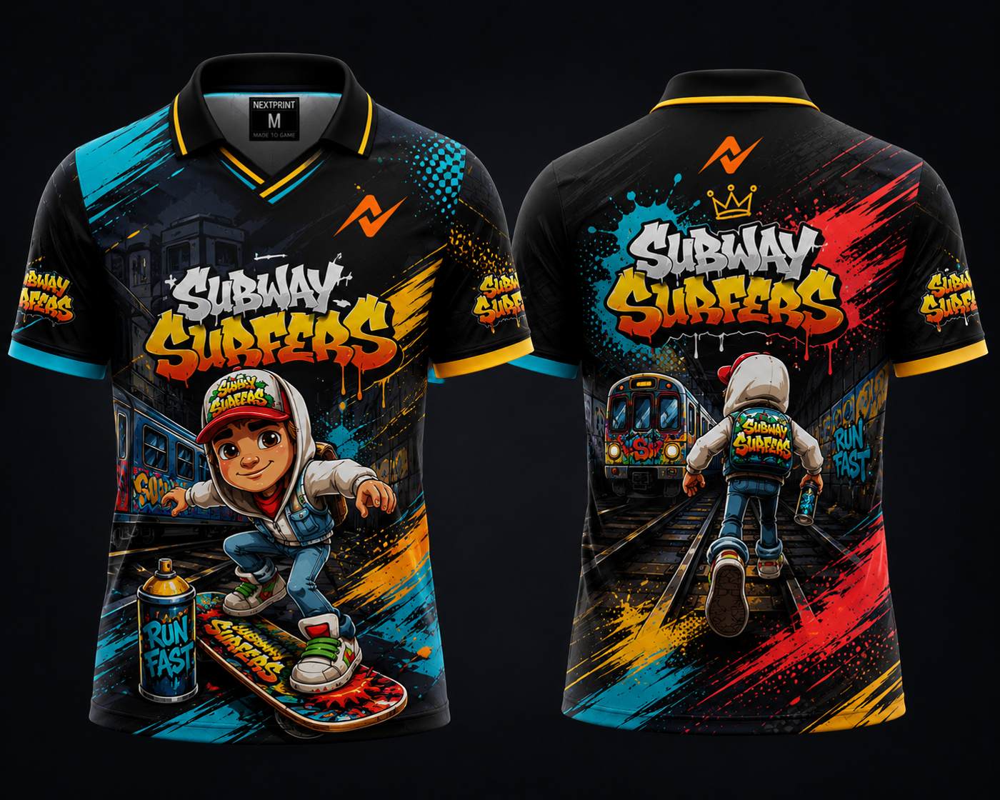 Front and back view of the NextPrint Subway Surfers Night Run Edition jersey featuring colorful graffiti artwork, urban street graphics, and premium polo collar styling.