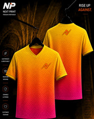 Yellow, orange and pink gradient custom sublimation sports jersey with textured pattern and Next Print logo on front and back.