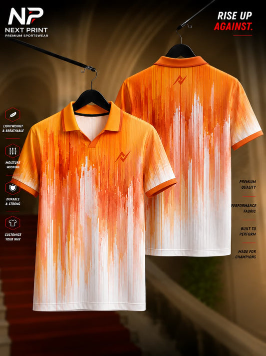 Orange and white performance polo sports jersey featuring a modern vertical abstract design with front and back views by NextPrint.