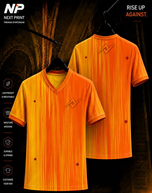 Orange and yellow Sunset Speed Lines custom V-neck sports jersey with front and back views by NextPrint featuring a dynamic vertical stripe sublimation design.