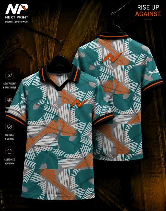 NextPrint premium teal abstract pattern polo sports jersey front and back mockup with custom logo