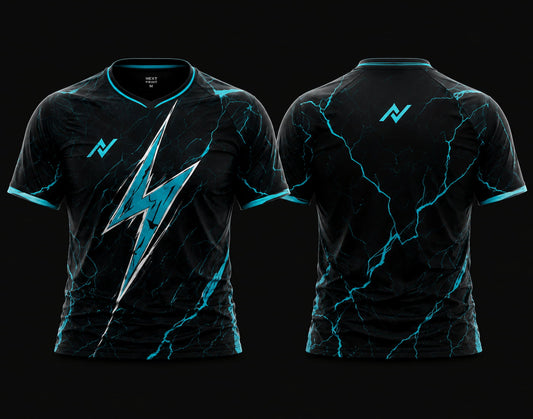Front and back view of NextPrint Thunder Bolt Pro electric cyan and black esports jersey for Free Fire and BGMI teams featuring lightning graphics.