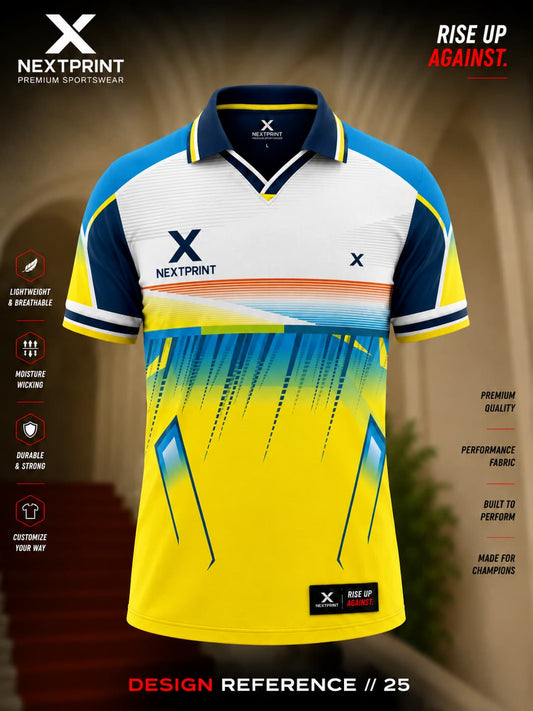 NextPrint Thunder Flash polo cricket jersey featuring a vibrant yellow body, white upper panel, blue geometric graphics, and premium dry-fit sports fabric.