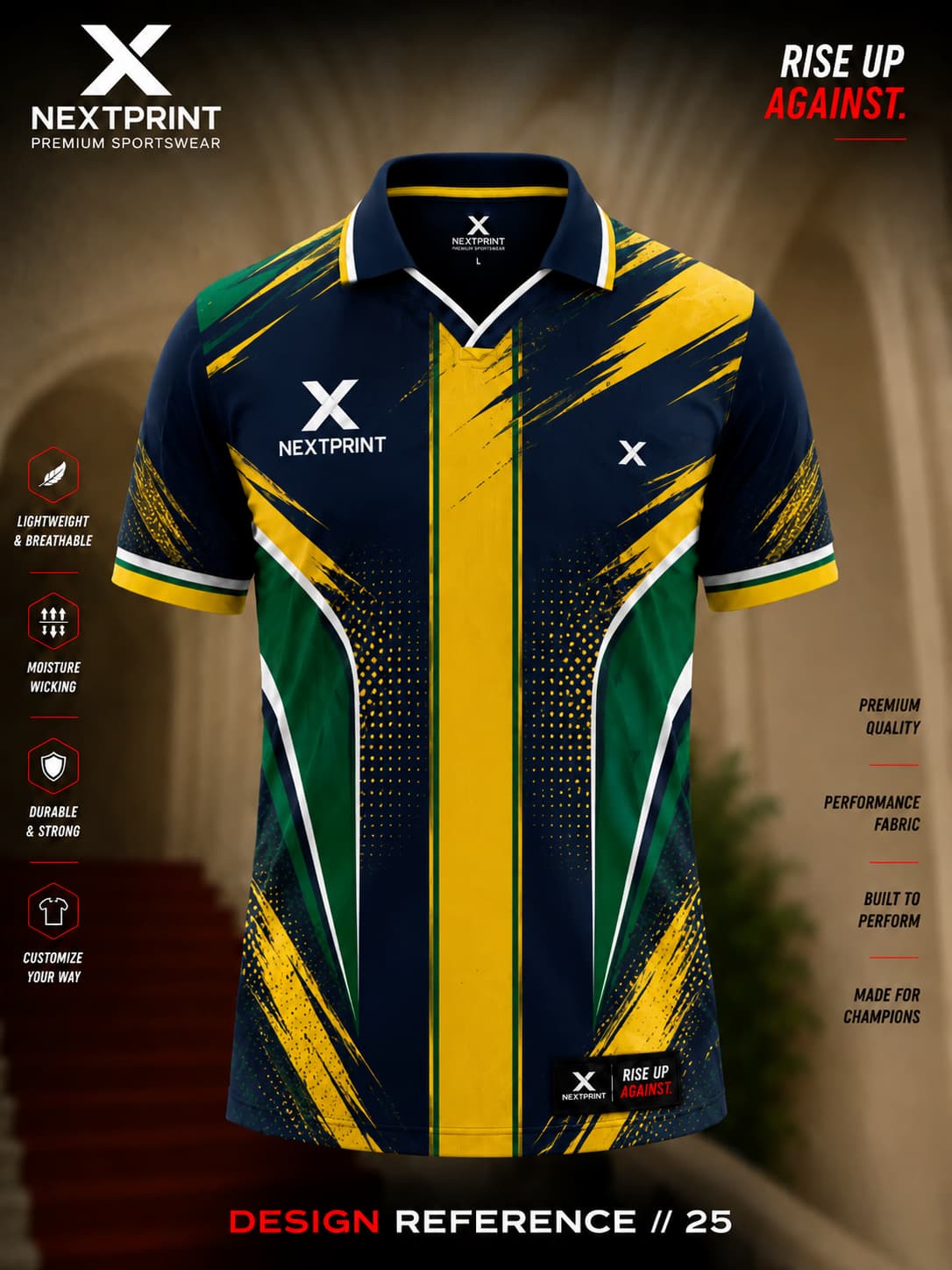 NextPrint Thunder Strike polo cricket jersey featuring a navy base with yellow center stripe, green side panels, and modern brushstroke graphics.