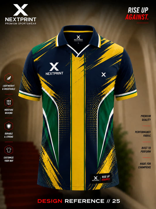 NextPrint Thunder Strike polo cricket jersey featuring a navy base with yellow center stripe, green side panels, and modern brushstroke graphics.